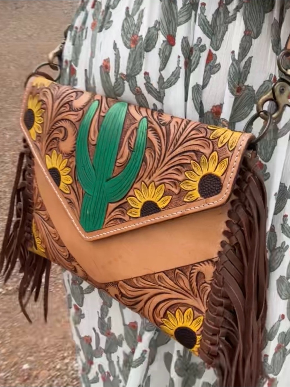 American Darling Tooled Leather Cactus & Sunflower Crossbody Bag/Clutch - Picture 7 of 7